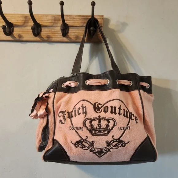 Vintage Juicy Couture Baby Pink Brown Terry Cloth Bag